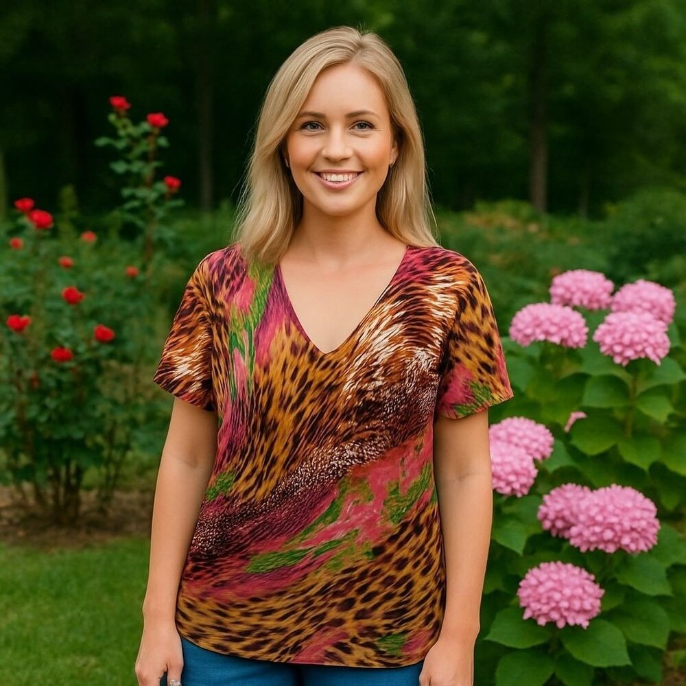 Quacker‎ Factory Leopard and Floral Print Rhinestone Blouse Artsy Eclectic Fun S